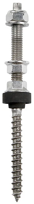 NW31 - Hex shank dual thread (machine + wood) screw for solar systems fixing, assembled with 1 hex nylon insert lock nut, 2 hex flanged nuts and Washers, in A2 stainless steel (AIS