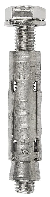DX71 - A4 (AISI 316) stainless steel wrapped sheet metal anchor with cone engaged with A4-70 (AISI 316) stainless steel hexagon head screw and washer